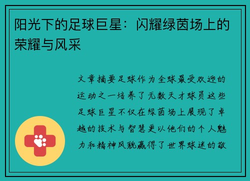 阳光下的足球巨星：闪耀绿茵场上的荣耀与风采